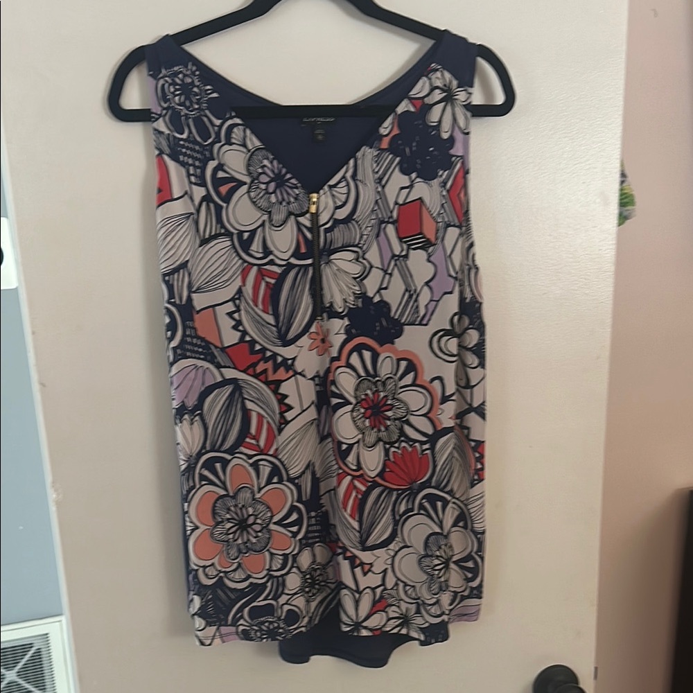 Express Cream and Blue Sleeveless Floral Tank Top